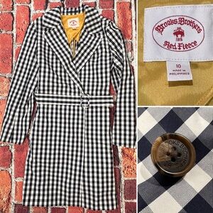 BROOKS BROTHERS WOMENS TRENCH COAT SIZE 10 NAVY BLUE GINGHAM CHECK BELTED MIDI